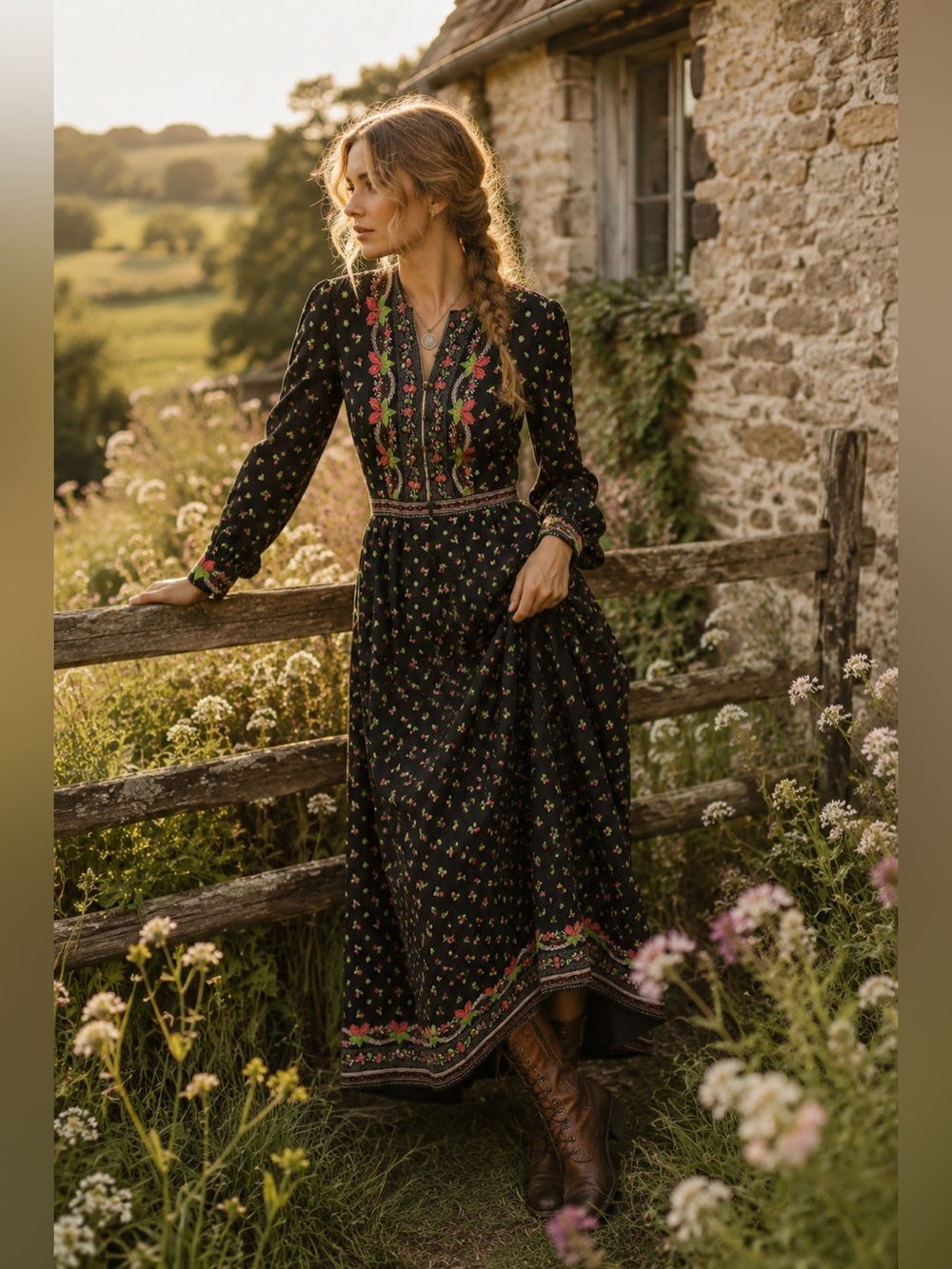 Vintage Eva Gabor Estevez Prairie Folk Maxi Dress XS Black Floral Cottagecore W